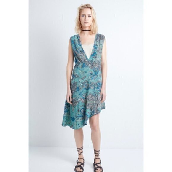 Zadig & Voltaire Root Print V-Neck Blue Asymmetrical Midi Dress Sz M NWT - Picture 1 of 13